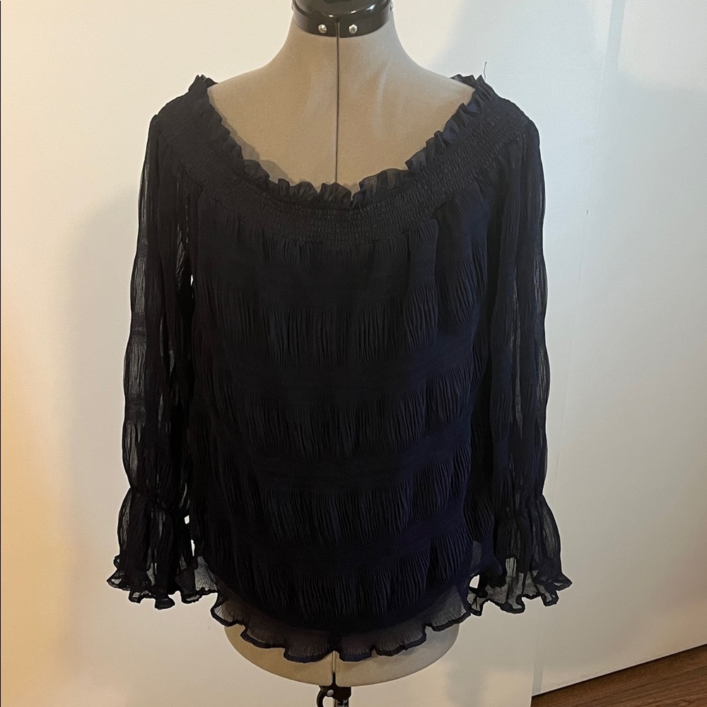 Free the Roses Navy Blouse with Ruffled Details